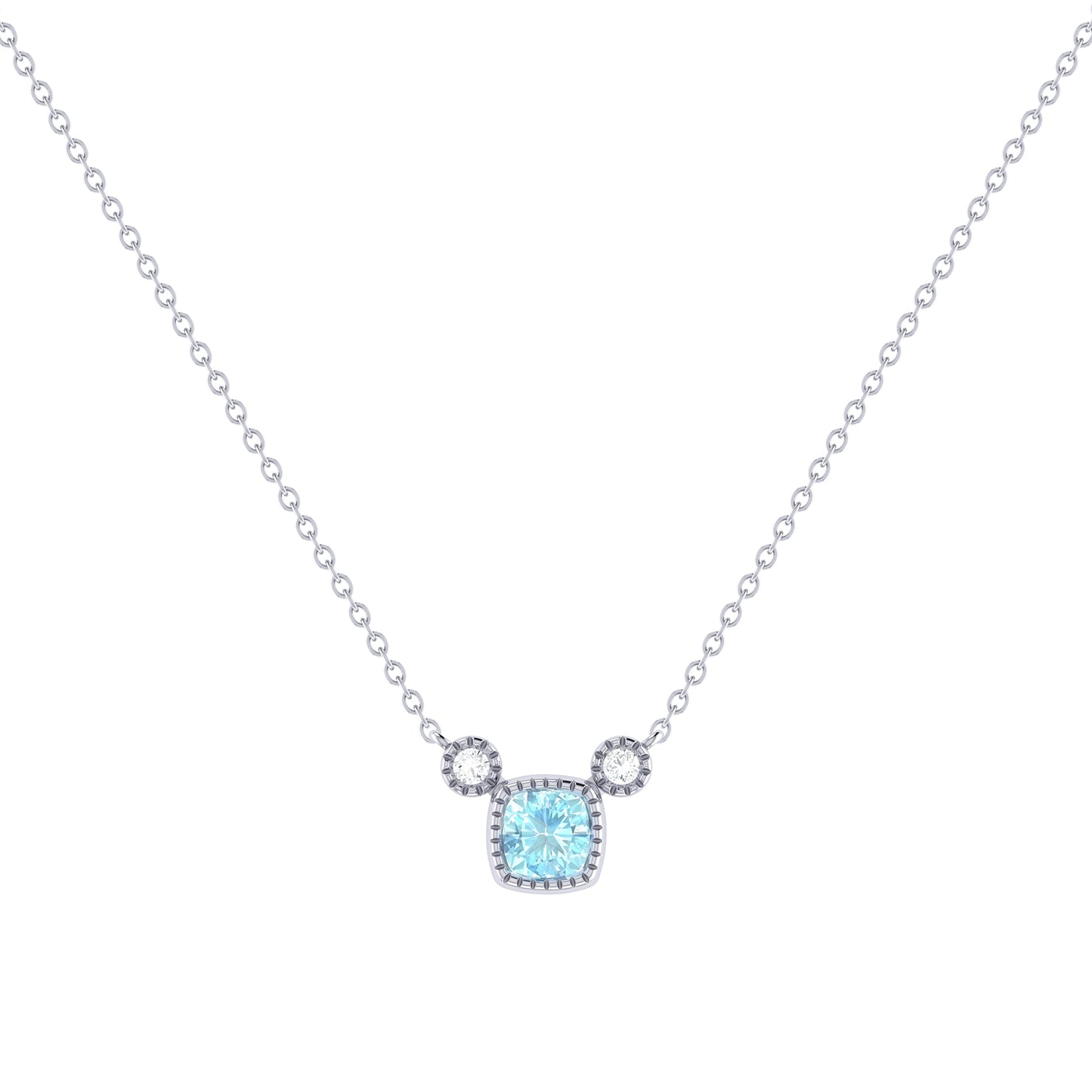 Cushion Cut Aquamarine & Diamond Birthstone Necklace In 14K White Gold