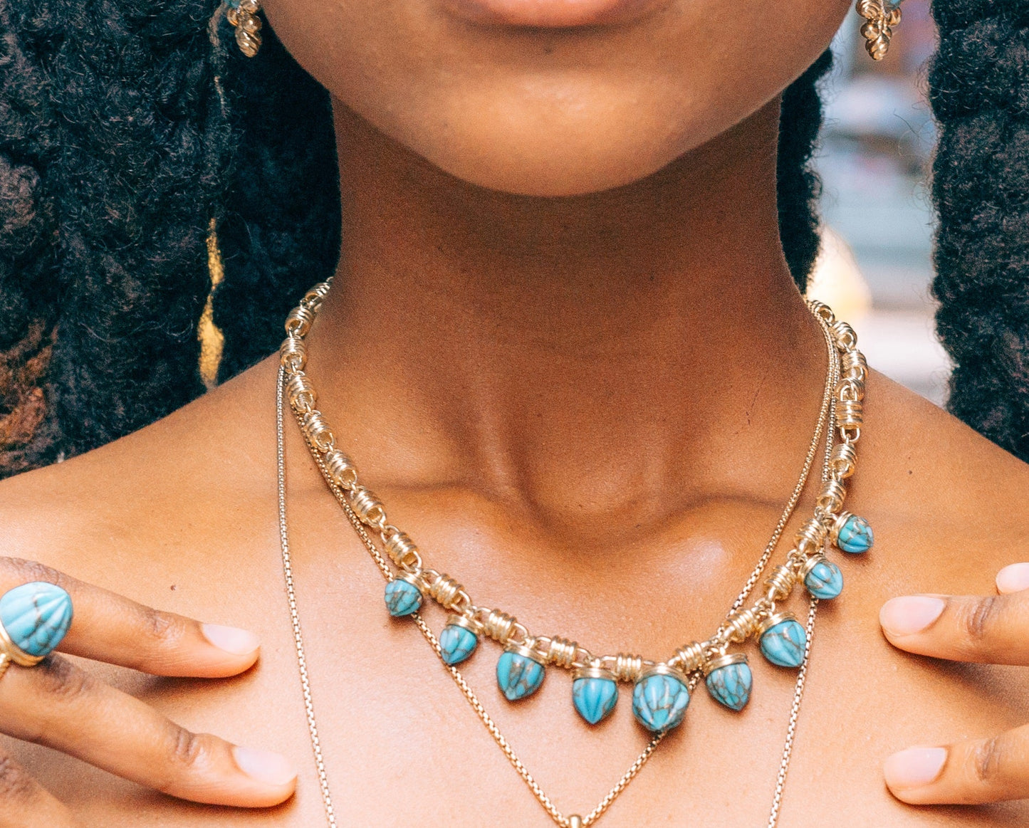 Sunshine Twist Turquoise Studded Necklace in 14K Yellow Gold Plated