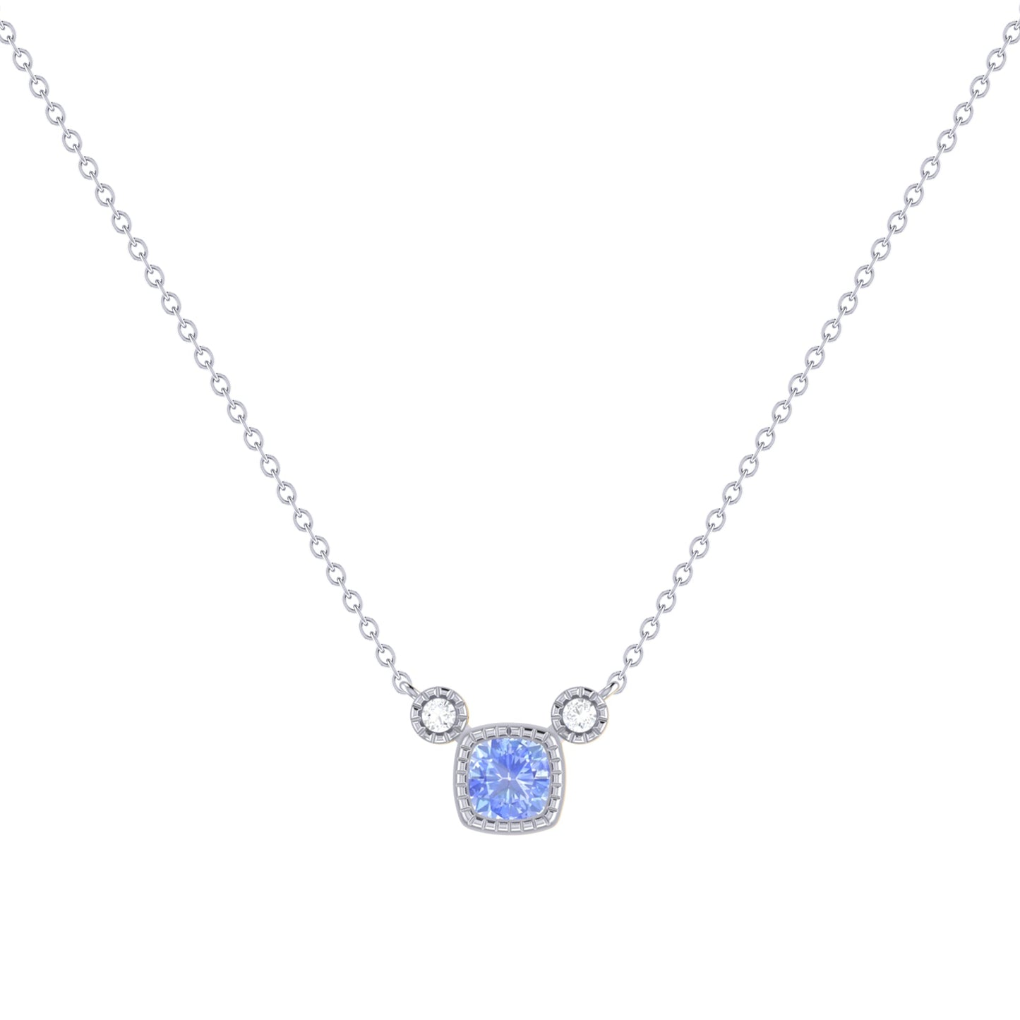 Cushion Cut Tanzanite & Diamond Birthstone Necklace In 14K White Gold