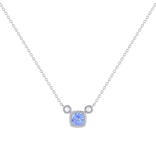 Cushion Cut Tanzanite & Diamond Birthstone Necklace In 14K White Gold