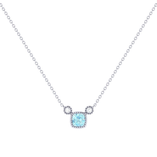 Cushion Cut Aquamarine & Diamond Birthstone Necklace In 14K White Gold