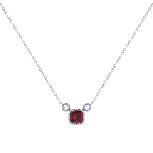 Cushion Cut Ruby & Diamond Birthstone Necklace In 14K White Gold